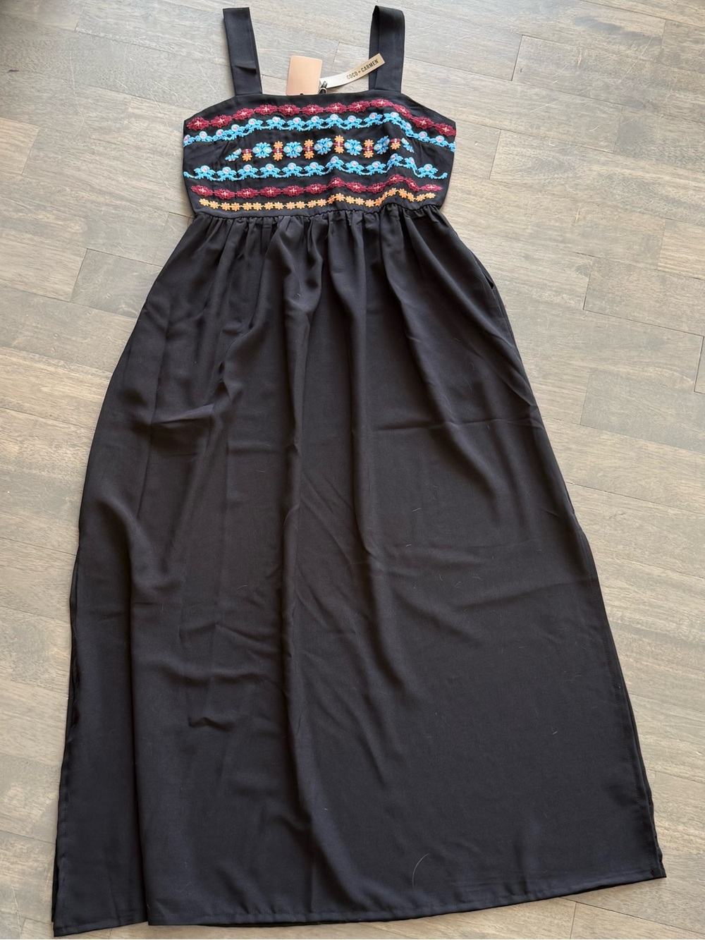 Black Maxi Dress with Colorful Embroidered Bodice